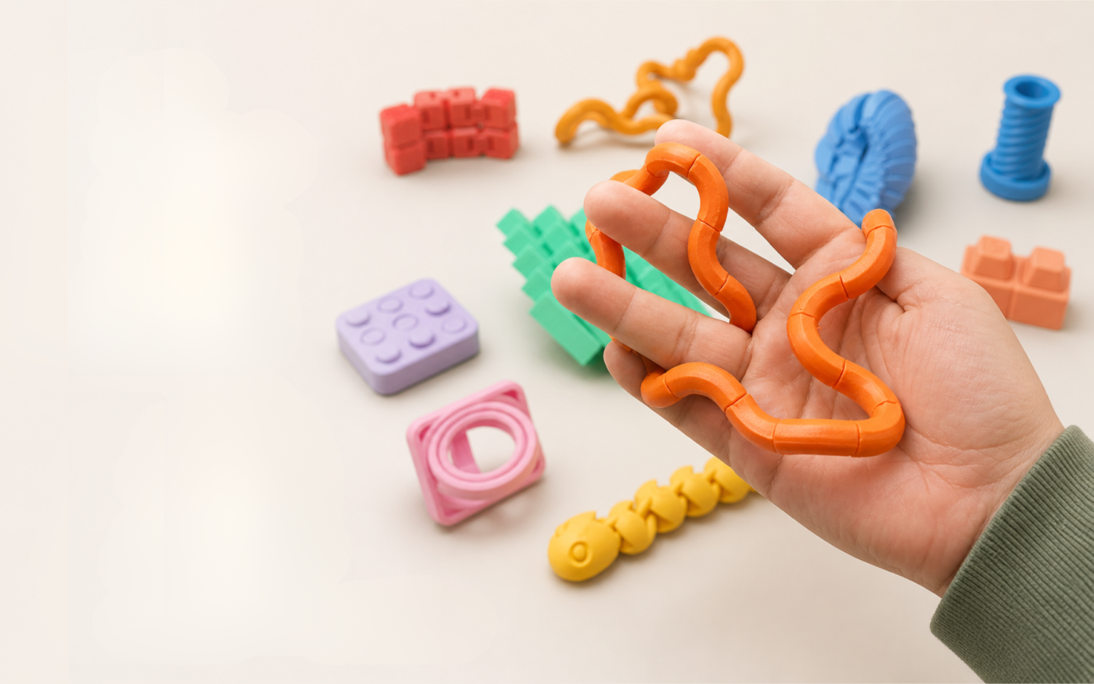 Mano manipulando soga sensorial con kit de fidgets para regulación y foco sobre fondo claro